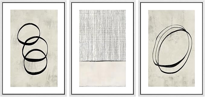 SIGNWIN Framed Canvas Print Wall Art Set Geometric Ring Grid Landscape Graffiti & Street Art Abstract Cozy Neutral Modern Art Decorative Nordic for Living Room, Bedroom, Office - 16"x24"x3 White