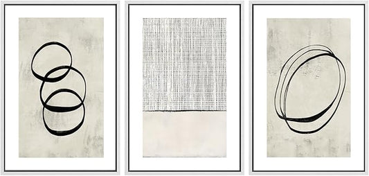 SIGNWIN Framed Canvas Print Wall Art Set Geometric Ring Grid Landscape Graffiti & Street Art Abstract Cozy Neutral Modern Art Decorative Nordic for Living Room, Bedroom, Office - 24"x36"x3 White