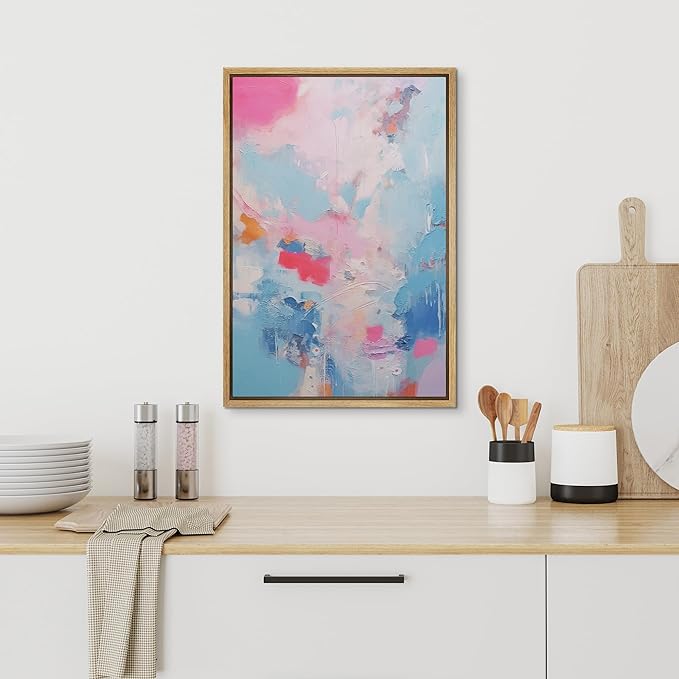 SIGNFORD Framed Canvas Print Wall Art Pink Baby Pastel Blue Landscape Abstract Geometric Illustration Minimalism Decorative Colorful Mid-Century for Living Room, Bedroom, Office - 16"x24" Natural