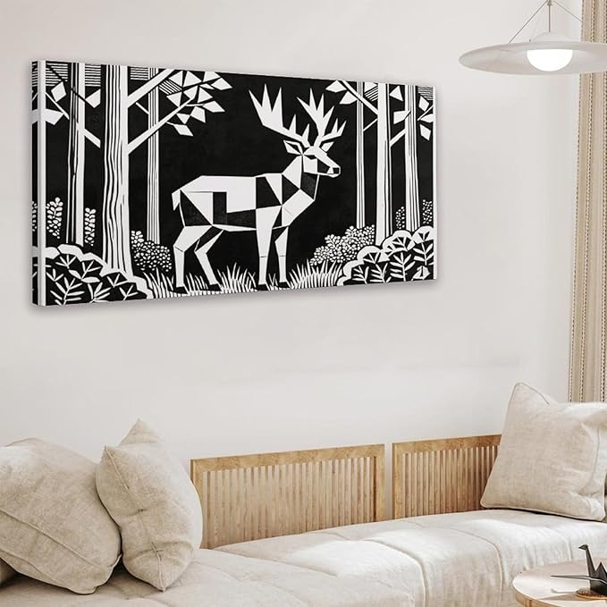 Black White Deer Framed Canvas Wall Art for Nursery, Forest Animal Wall Decor 40" L x 20" W