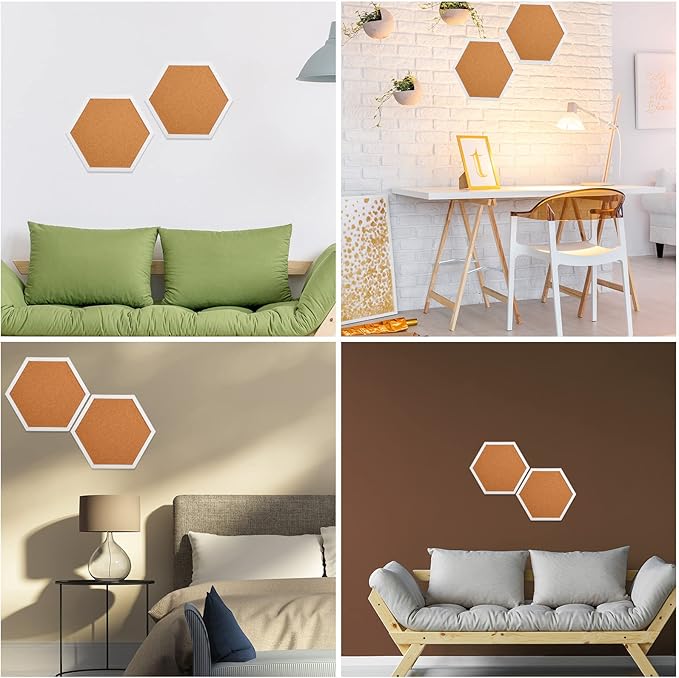 Treela 8 Packs Cork Bulletin Board with Frame, Decorative Linen Bulletin Cork Board Small Push Pin with 32 Push Pin 16 Clips for Office Welcome Back to School Wall Home Supplies(White,Hexagon)