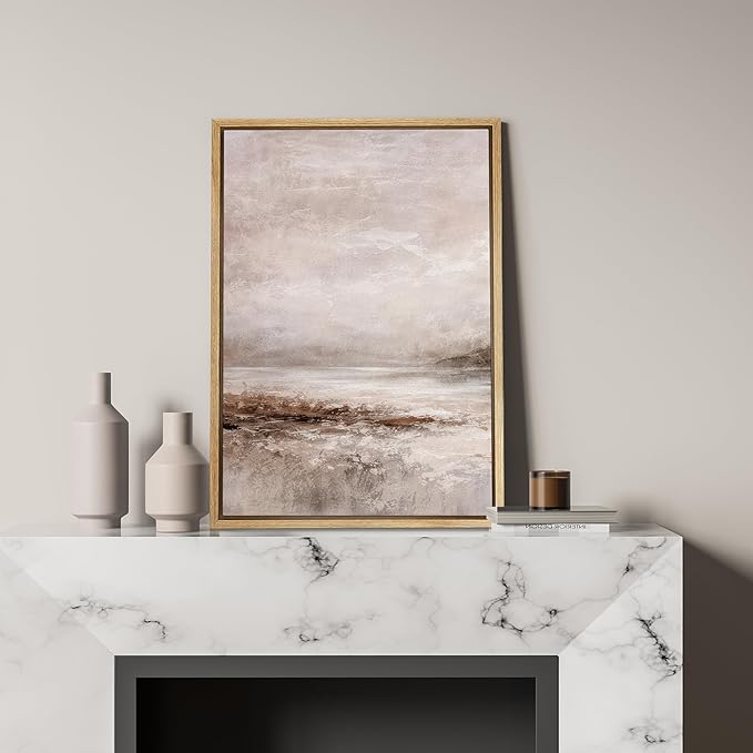 SIGNFORD Framed Canvas Print Wall Art Morning Mist over Shallow Shoal Illustration Minimalism Decorative Colorful Mid-Century for Living Room, Bedroom, Office - 16"x24" NATURAL