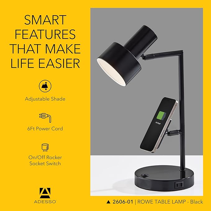 Adesso Supercharger Lamp with USB-A, USB-C, AC Outlet & Wireless Charging Pad – Black Desk Lamp with Adjustable Shade and Power Station Base for Home, Office, or Dorm