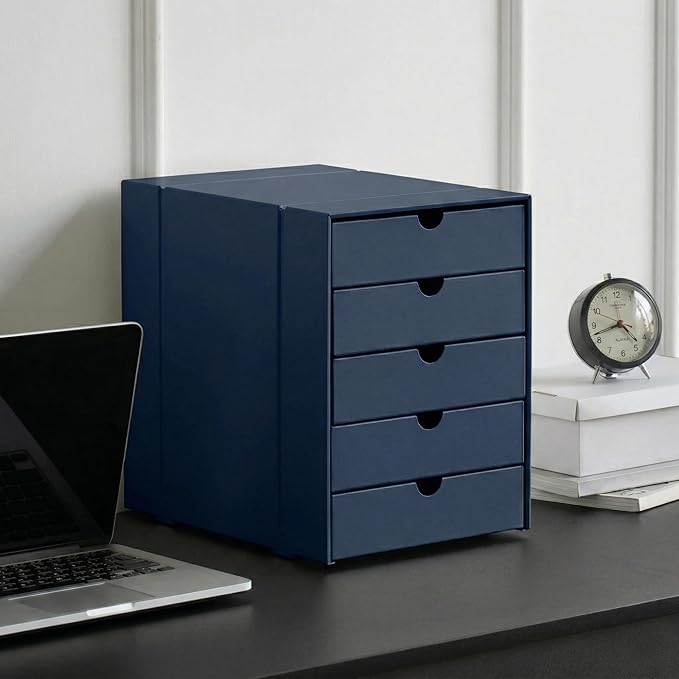 Modern Steel 5-Drawer File Cabinet For Desk, Document Storage Box, Office Desktop Filing Organizer, Drawer Organizer, desk caddy (Navy Blue)