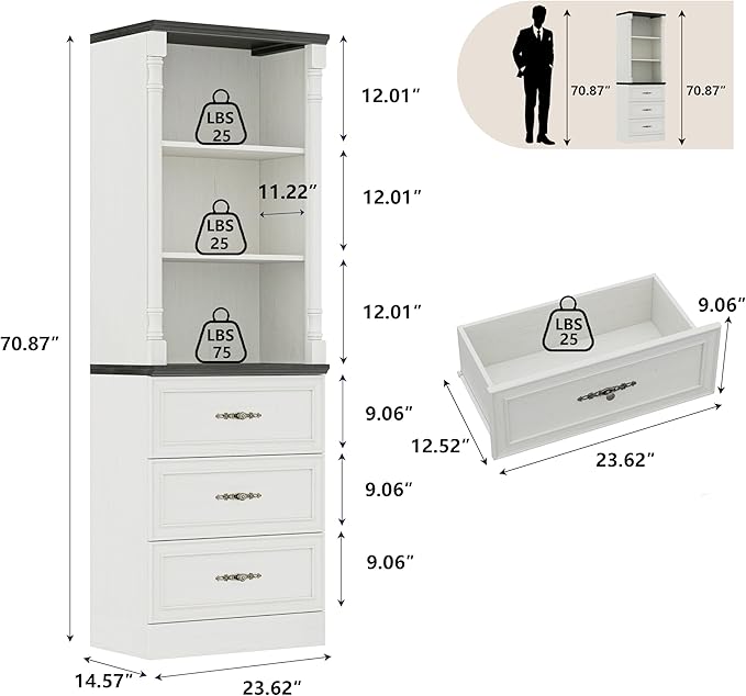 Bookshelf with Drawers, 71" Tall Wood Bookcase with Adjustable Shelf, 24" Wide Book Shelf, Floor Standing Display Storage Cabinet for Home Office, Study and Living Room, Antique White