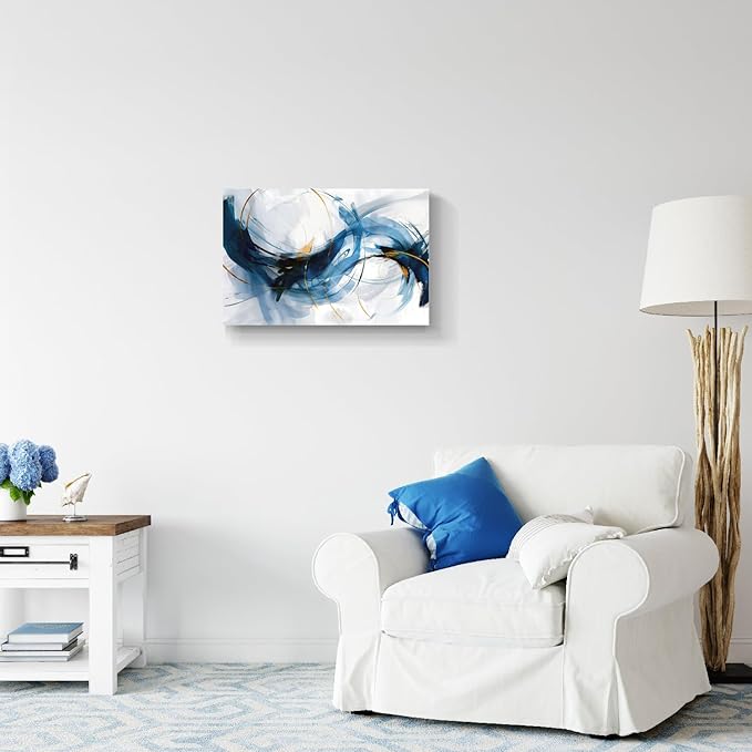 gaosoul Modern Abstract Canvas Wall Art Vibrant Blue Gold Lines Doodled on White Background Paintings Stylish Framed Minimalism Artwork Prints for Living Room Bedroom Office Decor 24x16in