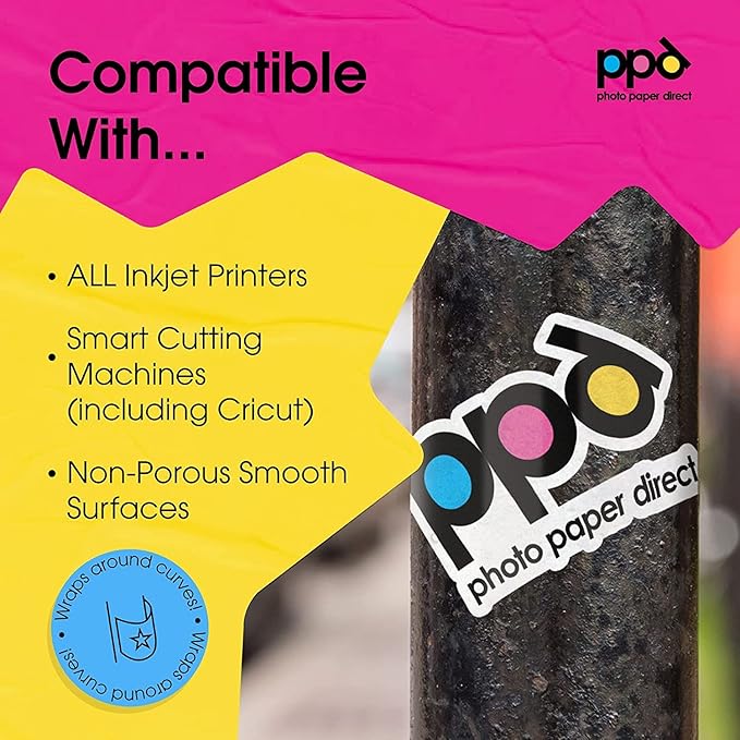 PPD Premium Printable Vinyl Sticker Paper for Inkjet Printer - 20 Sheets Matt Sticker Paper 8.5 x 11 - Self-Adhesive, Waterproof, Tear Resistant, Instant Dry - PPD-38-20