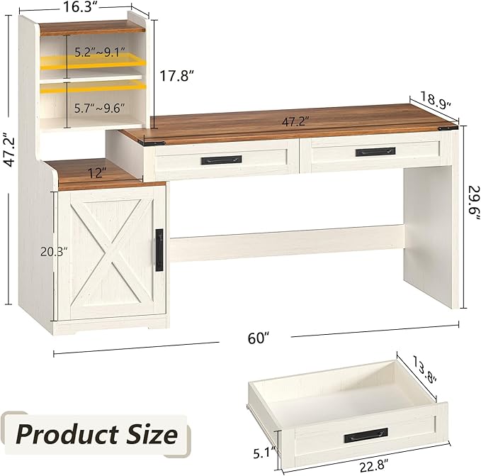 60'' Farmhouse Computer Desk with Drawers, Home Office Desk with Bookcase, Vanity Desk Writing Study Table with Storage, Antique White