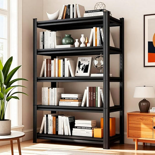 Industrial 5-Shelf Bookcase: Extra Wide & Tall Metal Bookshelves, Adjustable for Large Spaces - Bedroom/Library/Home Office Storage, Black