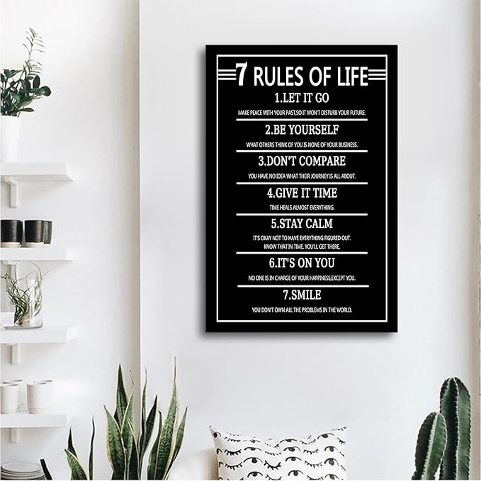7 Rules Of Life Black Motivational Poster Wall Art Inspirational Entrepreneur Quotes Printed on Canvas Picture Painting Wall Decor for Modern Home Classroom Hallway Ready to Hang [24''Wx36''H]
