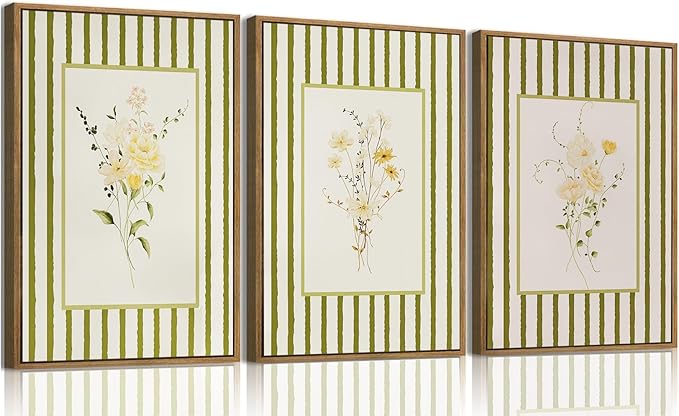 KISSFOX 3 Piece Floral Framed Wall Art Wildflower Canvas Wall Art Flower Pictures Wall Decor Boho Botanical Paintings Green Poster Prints For Girly Bedroom Living Room Bathroom