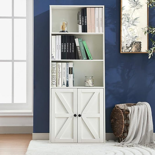 Bookshelves and Bookcases with Barn Doors, Farmhouse Bookshelf with Display Shelves, Floor Standing 5-Tier Book Shelf with Storage Cabinet for Home Office, Living Room, Bedroom, White