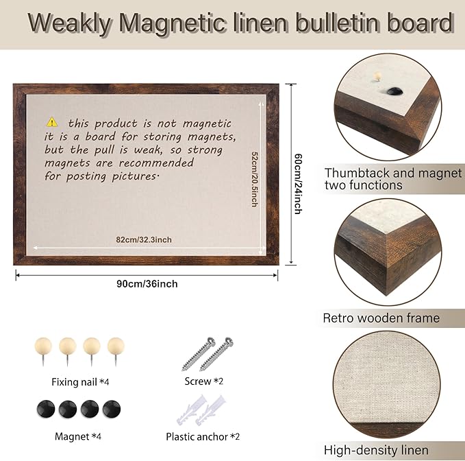 Large Magnetic Bulletin Board 36 x 24 Inch for Wall,Rustic Framed Cork Board with Linen for Home Office School,with 4 Push pins, 4 Magnets