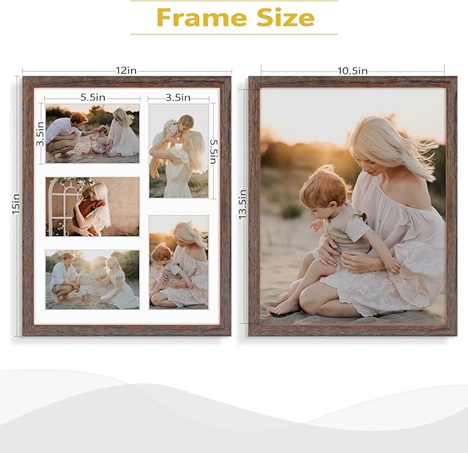 Golden State Art, 11x14 Distressed Brown Wood Frame with White Mat - Displays Five 4x6 Photos - Real Glass, Sawtooth Hangers, Swivel Tabs - Wall Mounting, Landscape, Portrait