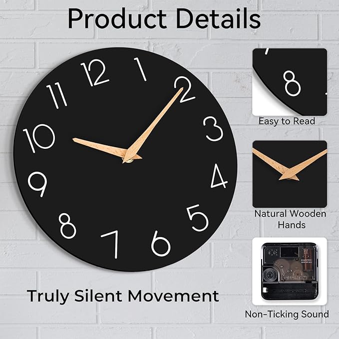 Wall Clock, Black Silent Non-Ticking, Decorative Battery Operated Wall Clocks for Bedroom, Kitchen, Home, Office, School, Hotel (8 Inch)