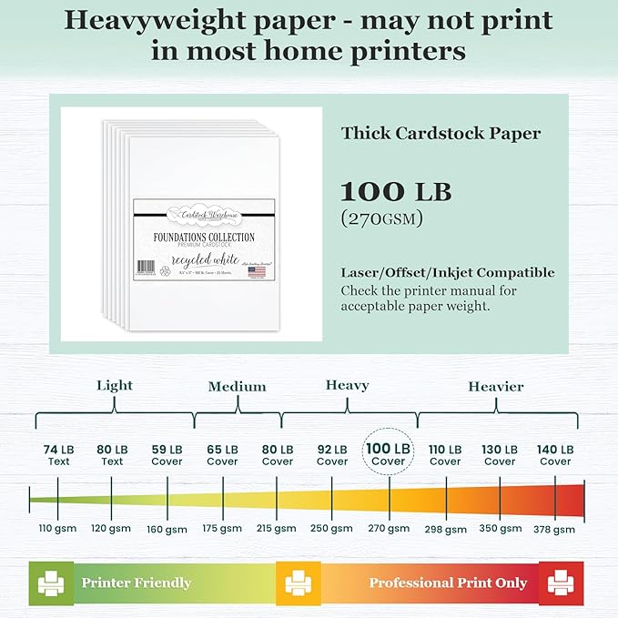 Cardstock Warehouse Foundations 100% Recycled White Cardstock Paper - 25 Sheets, 8.5 x 11" - 100 Lb/ 270 GSM Premium Recycled White Card Stock for Card Making, Laser, Inkjet Printing & DIY Projects