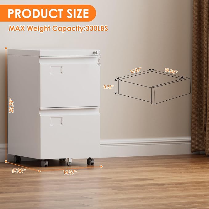 File Cabinet 2 Drawer, Locking Filing Cabinet with Business Card Slot for Letter/Legal/F4/A4 Size Folders,Required Assembly,14.57" W x 17.36" D x 25.79" H,White