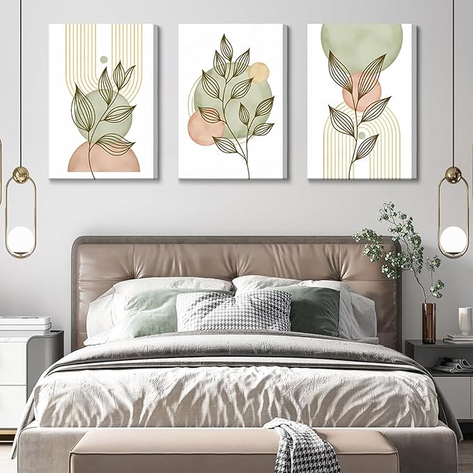 3Pcs Framed Sage Green Boho Canvas Wall Art Modern PinkBotanical Posters Print Abstract With Leafr Pictures Wall Decoration For Living Room Bedroom Bathroom