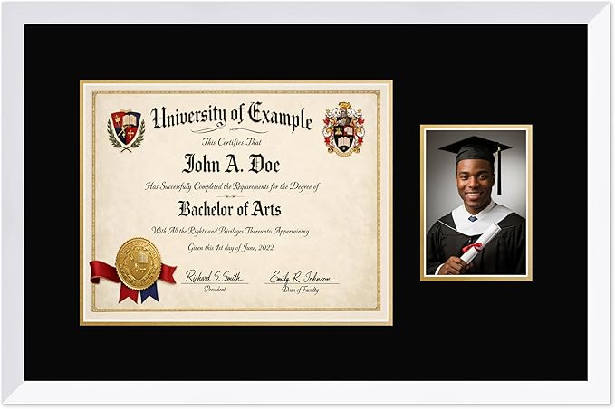 CountryArtHouse Fits 14 x 11 College Diploma (Modern) and 5 x 7 Photo Diploma and Photo Frame Bright White Genuine Hardwood with Black Over Metallic Gold Double mat