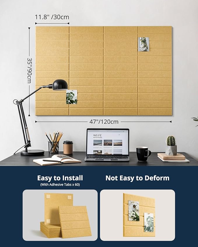 Large Cork Board, 12 Pack 12"X12"X0.4" Felt Bulletin Board Tiles for Wall Home Office Decor, Pin Cork Boards with 60 Adhesive Tabs Longan Yellow