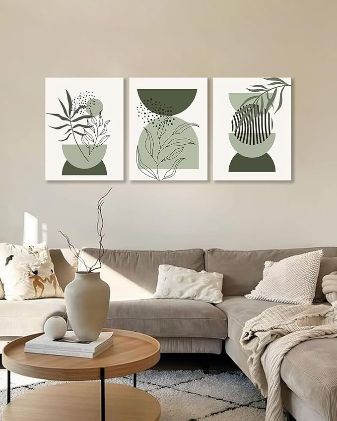 KBKBART Boho Wall Art Prints Set of 3, Neutral Abstract Geometric Canvas Artwork for Bedroom, Bathroom, Living Room, Office, 12"x16"