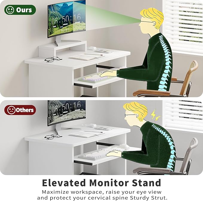 30" Small Computer Desk with Keyboard Tray Monitor Stand, Study Writing Desk with Storage Shelves, Modern Workstation for Small Spaces, Save Space, White