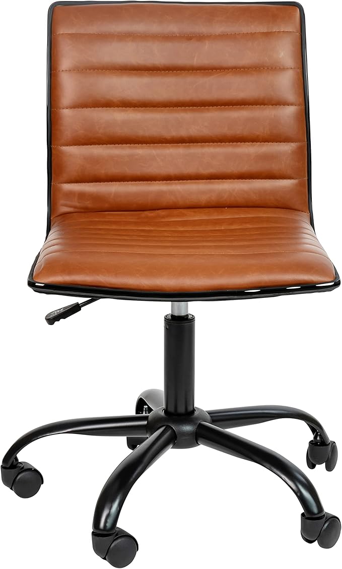 Flash Furniture Alan Low-Back Ribbed Upholstered Vinyl Swivel Desk Chair with Padded Seat, Modern Adjustable Height Padded Office Chair, Brown