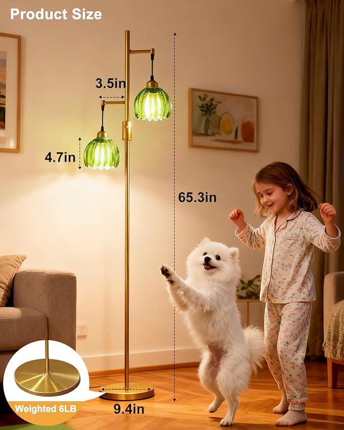 Lightdot 65IN 2-Light Glass Floor Lamp for Living Room, Dimmable Gold Floor Lamps with Emerald Green Glass Floral Shade& Bulb Included, Modern Standing Tall Lamp for Bedroom/Sofa Beside/Corner Decor
