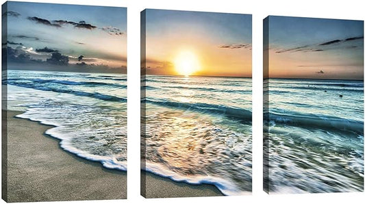 Canvas Wall Art Beach Sunset Ocean Waves Wall Decor 3 Pieces x 16" x 24" Modern Seascape Canvas Artwork Contemporary Nature Pictures Painting Giclee Prints Framed Ready to Hang for Home Decoration
