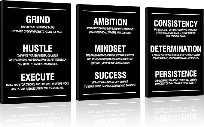 COSCTOR Set of 3 Motivational Wall Art Canvas for Office Workplace Garage Gym Living Room Bedroom Grind Hustle Execute Black and White Wall Decor Inspirational Quotes Posters for Paintings(Framed,12x16)