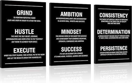 COSCTOR Set of 3 Motivational Wall Art Canvas for Office Workplace Garage Gym Living Room Bedroom Grind Hustle Execute Black and White Wall Decor Inspirational Quotes Posters for Paintings(Framed,12x16)