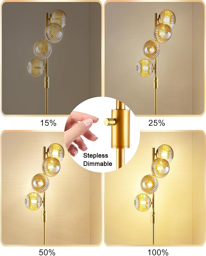 Lightdot 64IN Dimmable Floor Lamp with Glass Globe Shade, Modern Gold Standing Lamps with 4PCS Bulbs Included Soft Warm White Eye Care, Mid Century Floor Lamp for Living Room/Sofa Beside/Corner Decor