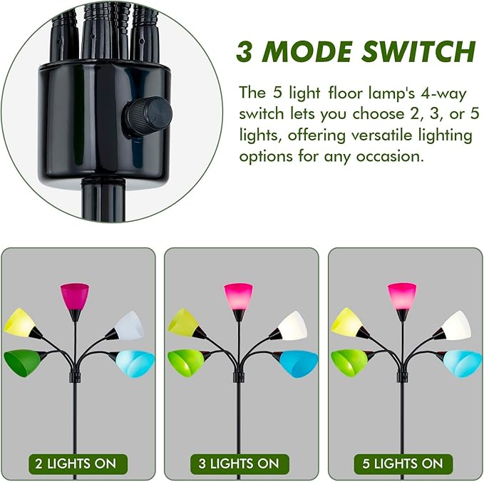 Medusa Modern Decor Floor Lamp, 5 Head Adjustable Gooseneck Lamps for Reading, Colorful Multiple Tall Standing Lamps for Living Room Bedroom Office Kids Classroom, Black, Bulbs Included