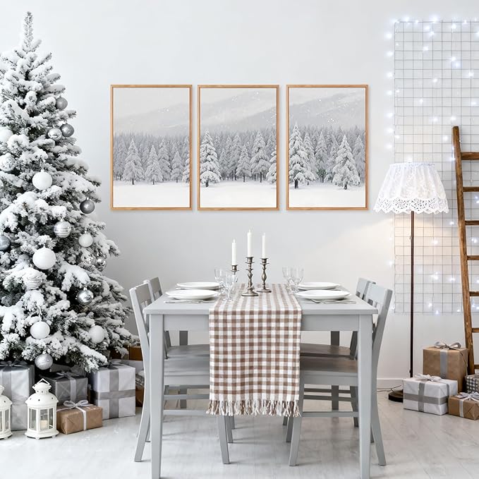 CHDITB Snowy Christmas Pine Trees Framed Canvas Wall Art(16"x24"), 3 Panels Winter Forest Landscape Artwork Prints, Large Neutral Abstract Nature Evergreen Snow Scene Xmas Gift Decor for Home Office Bedroom