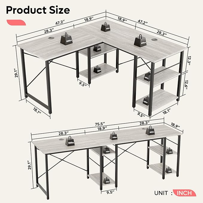 Bestier L Shaped Desk with Shelves 75 Inch Reversible Corner Computer Desk or 2 Person Long Table, Writing Study Desk for Home Office Small Space Bedroom Apartment, Wash White