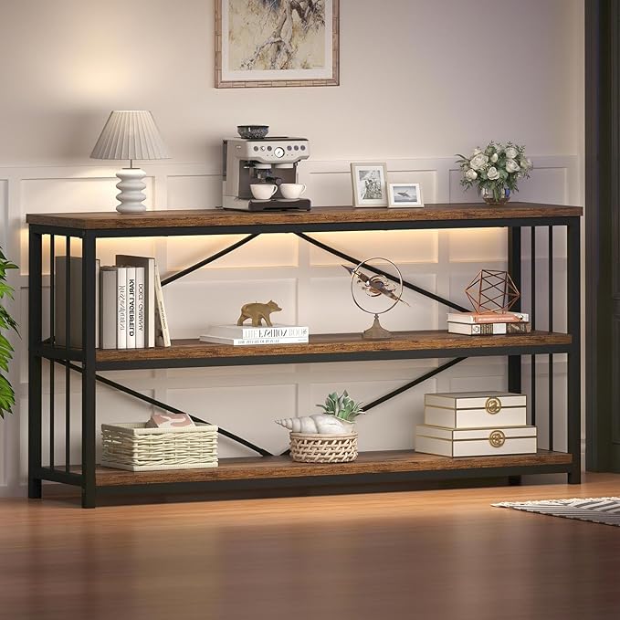HSH Long Horizontal Bookshelf, Rustic Wood Low Etagere Bookcase for Bedroom, Industrial Metal 3 Tier Book Shelf for Living Room, Vintage Wide Open Large Bookshelves for Home Office, Brown, 63 Inch