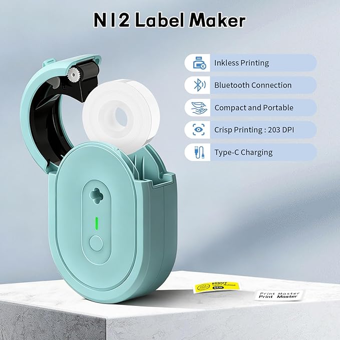Mini Label Maker Machine with Tape, N12 Portable Bluetooth Label Printer, Thermal Sticker Labeler for Small Business, School, Home, Office(Green)