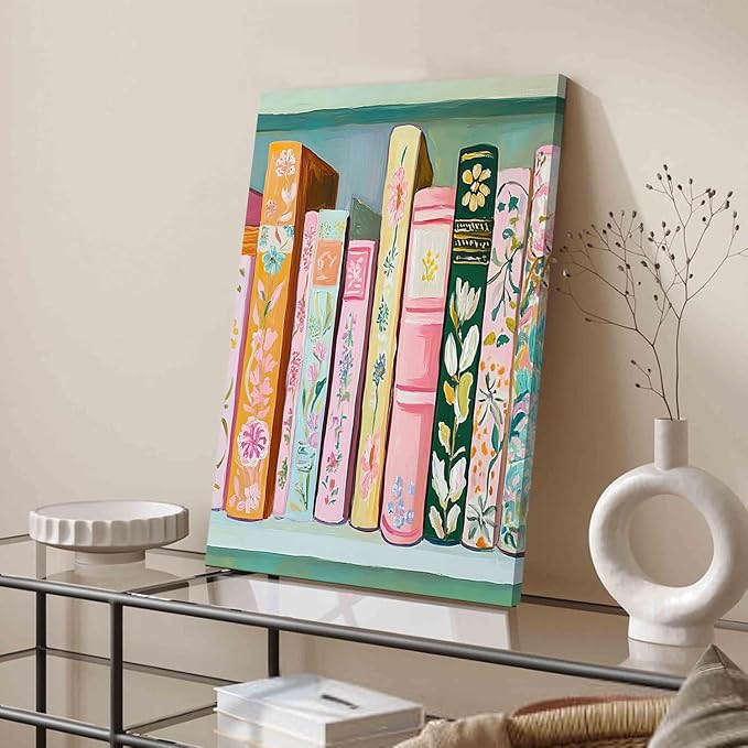 Book Wall Art Vintage Flower Books Canvas Wall Decor Pastel Bookshelf Artwork Painting Pictures Colorful Book Stack Posters Prints for Living Room Bedroom Reading Nook 16x24 Inch Framed