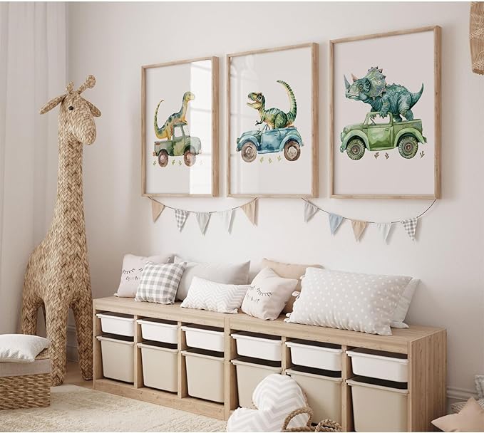 Dinosaur Nursery Wall Art Kids Canvas Poster Baby Boy Nursery Wall Decor Green Dino Pictures Toddler Prints Cartoon Dino Car Painting Boys Room Artwork for Bedroom Bathroom 12x16x3 Inch Unframed