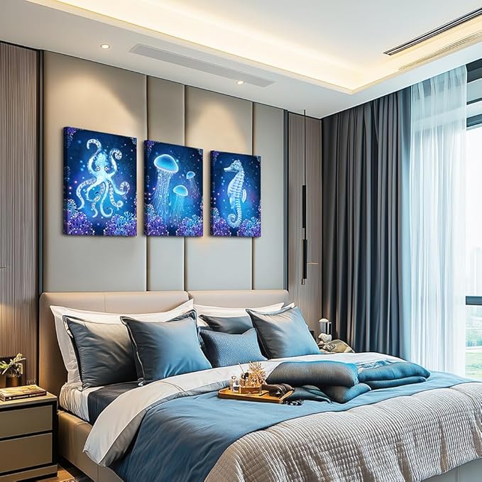 blue Ocean Life Theme Canvas Prints Wall Art Paintings for Living Room Wall Artworks Sea Animal sea horse Octopus jellyfish Pictures Bedroom Decorations 3 Panels Home bathroom Wall decor posters