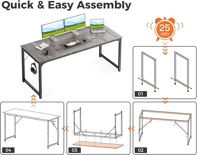 Casaottima 63 Inches Small Computer Desk, Work Study Table for Home Office, Kids Student Writing Desk with Headphone Hooks, Grey