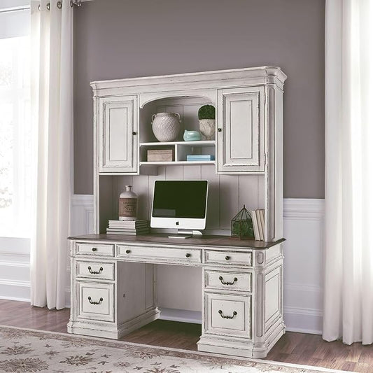 Liberty Furniture Magnolia Manor Credenza Desk & Hutch for Home Office - Antique White & Weathered Bark