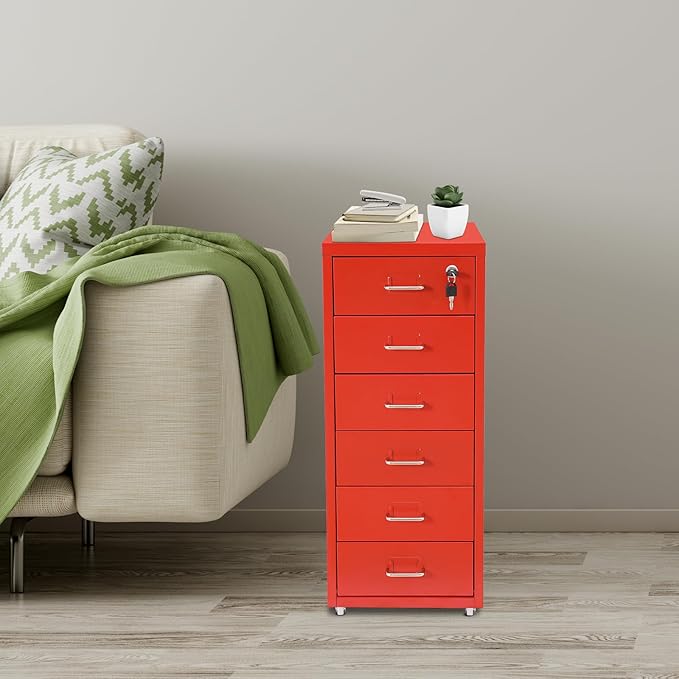 6 Tiers Metal File Cabinet with 6 Drawers Vertical Filing Cabinet with Lock & Wheels Freestanding Locking Storage Cabinet for Home Office, 11 * 16 * 27in (Red)