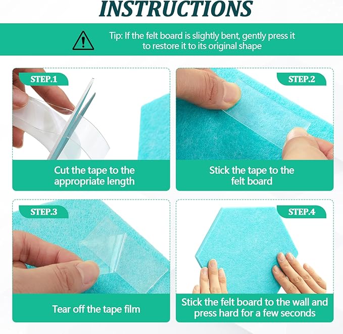16 Pcs Hexagon Cork Board for Walls with 50 Wooden Push Pins 6.7 x 5.9 in Felt DIY Tiles Notice with Nano Tape Hanging Bulletin Board for Home Photo Office Memo Note(Turquoise)