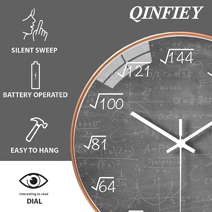 12 Inch Math Wall Clock Silent Non Ticking Movement Quality Quartz Wall Clock for Home/Kitchen/Office/Classroom/School/Living Room Wall Decorations (Gray)