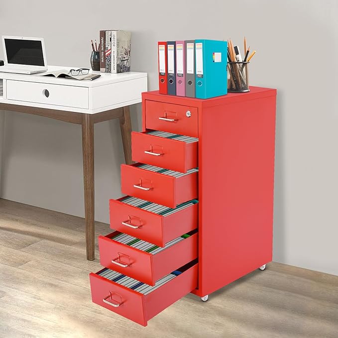 6-Tier Metal File Cabinet with Wheels and Lock, Filing Cabinet for Home Office, Metal Filing Storage Cabinets with Handle for Office Home, Easy Assemble