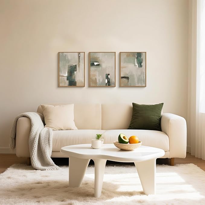 BICERE Abstract Green Brown Framed Canvas Wall Art,Modern Brush Stoke Wall Decor,Neutral Beige Grey Painting,Rustic Minimalist Artwork for Living Room,Bedroom,Dining Room,Office -12"x16"x3