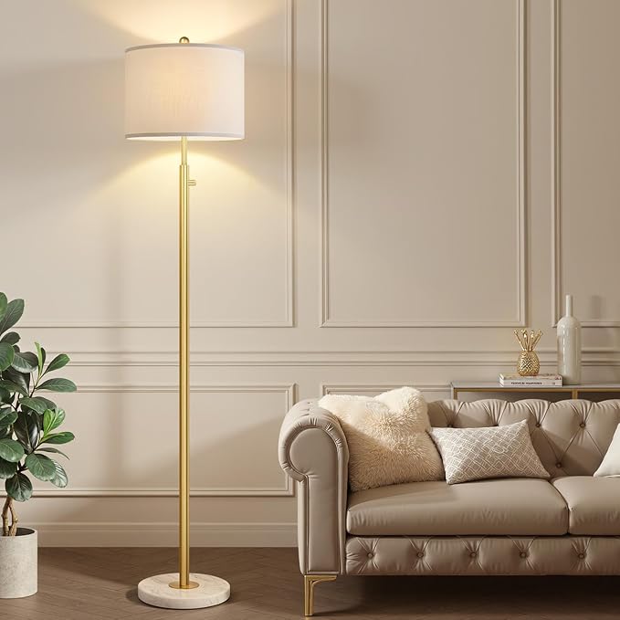 【Upgraded】Dimmable Gold Floor Lamps for Living Room, 11W LED Bulb Included, Modern Standing Lamp with Marble Base, Tall Pole Light with White Linen Shade for Bedroom Reading Office Corner Nursery