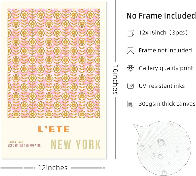 Pink Flower Market Wall Art Decor Aesthetic Abstract Canvas Floral Minimalist Wall Art Pictures Orange Floral Prints Artwork Botanical Flower Poster Colorful Painting 12x16 Inch Unframed set Of 3