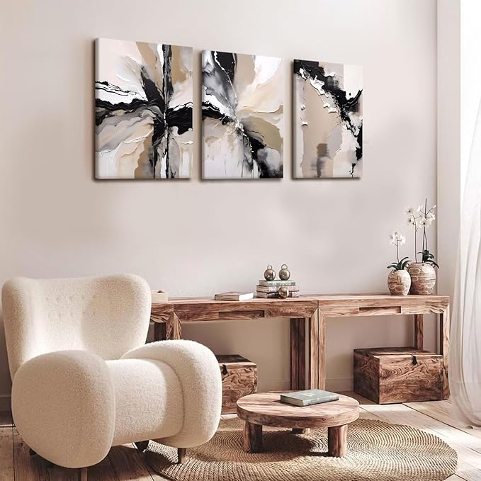 NCCXNCC 3 Pcs Abstract Canvas Wall Art in Black and Beige Modern Wall Decor Paintings Texture Posters Print Modern Geometric Pictures Artwork Suitable for Living Room Bedroom Home Office 16x24 inch